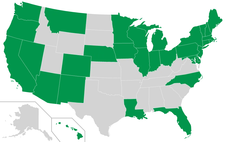 map of united states with states colored in AFSCME green where we represent workers